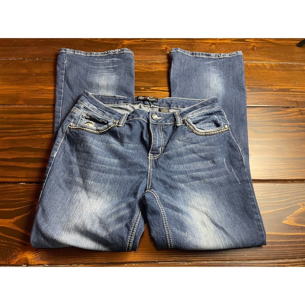 Love X Nation Jeans Women's Size 12 Blue Texture Stitch Bootcut Buttoned Flaps